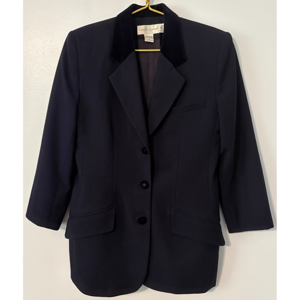 Casual Corner Vintage Navy Blue Wool Blazer Velvet Collar Button Front Size 8